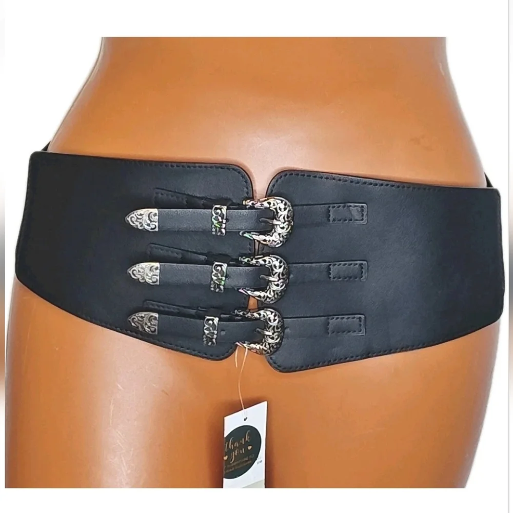 BP Western Triple Buckled Waist Cincher Hip Belt Black Sm/Med Snap Stretchy Nwt